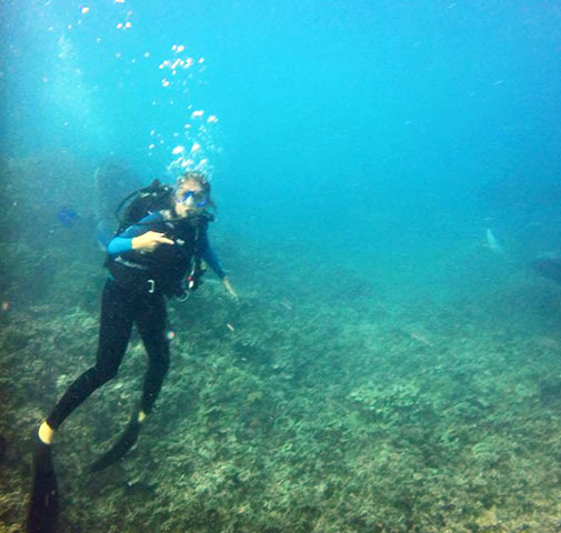 Diver above the reef in clear water